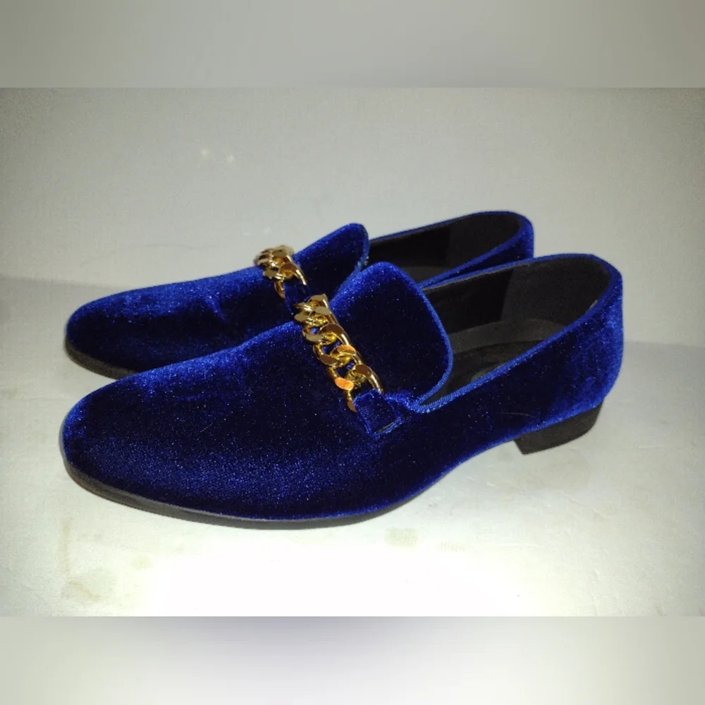 Hugo Vitelli Xavier Velvet Loafer Shoes Men's 9M Blue Goldtone Chain Party Disco